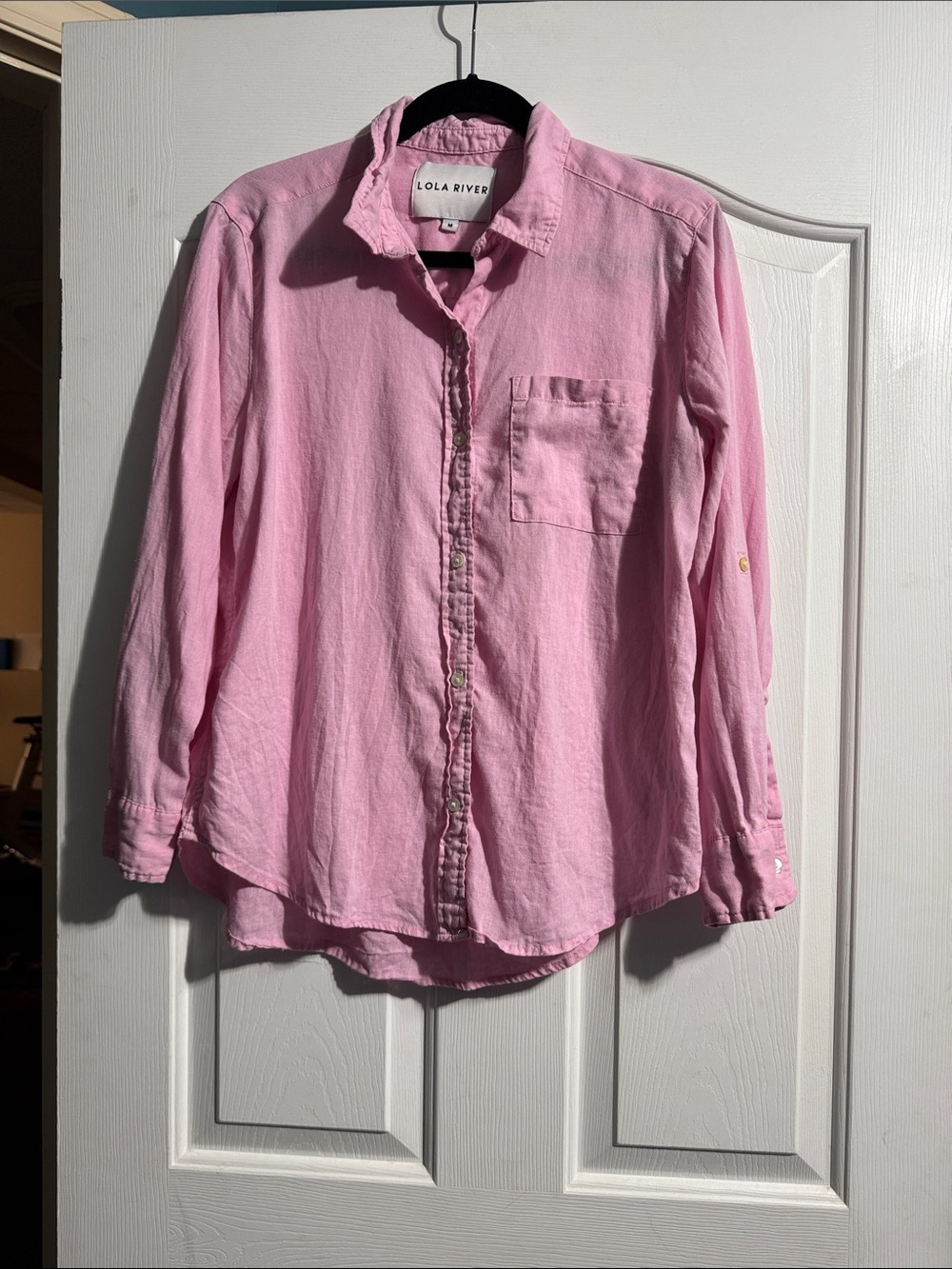Lola River Linen Blend Button Down Shirt Medium Pink Coastal Travel Resortwear
